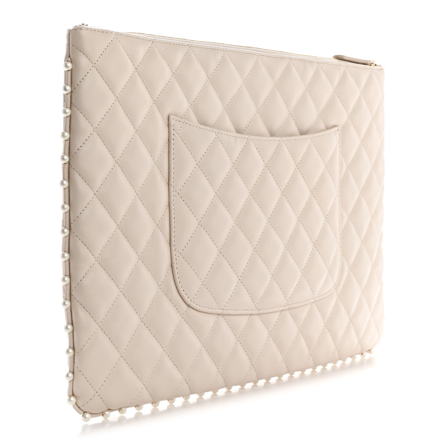Calfskin Quilted Large Pearl Cosmetic Case Light Beige
