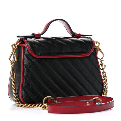 Gucci Vintage Effect Calfskin Matelasse Diagonal Mini Torchon GG Marmont Top Handle Shoulder Bag Black Romantic Cherry 3 of 12