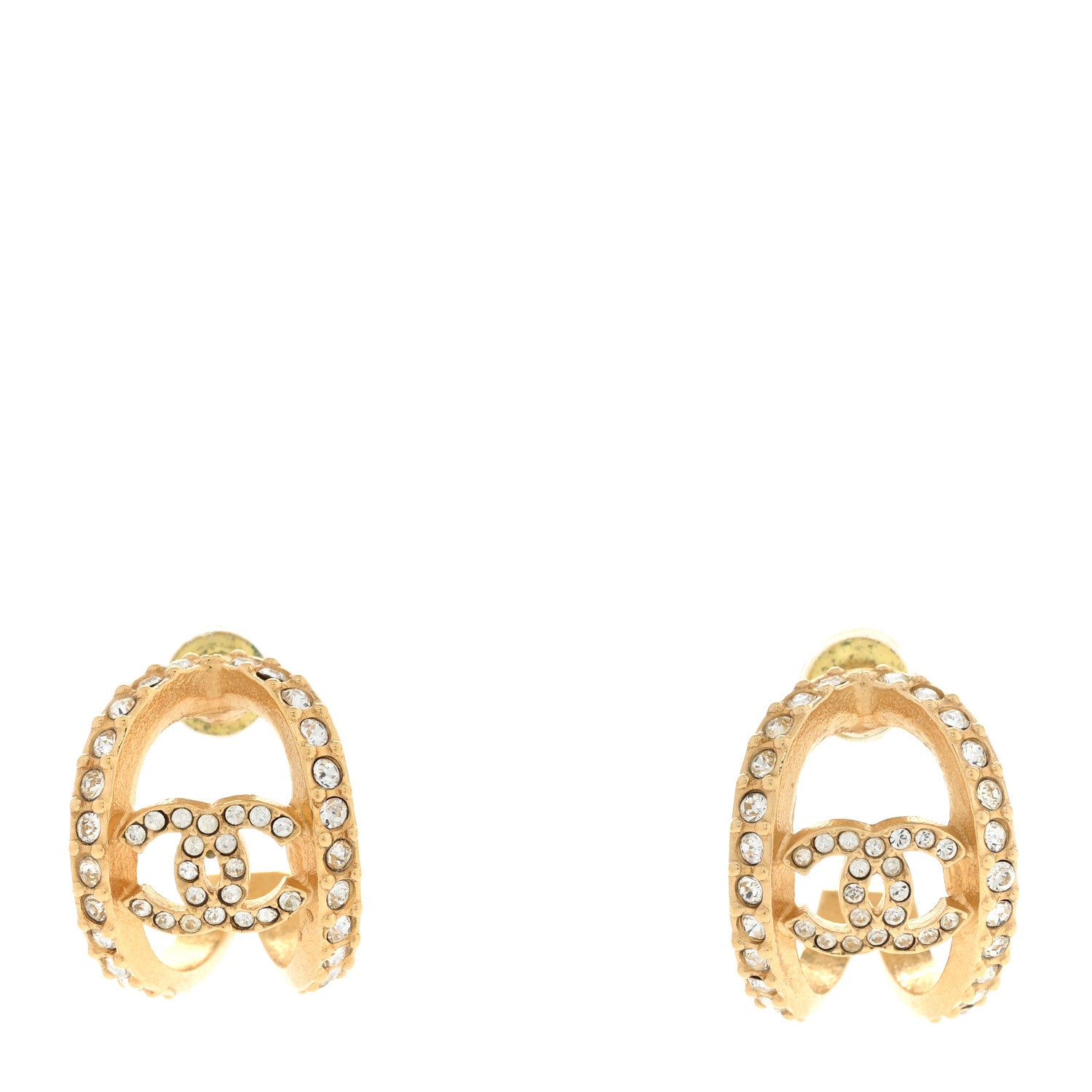 Chanel Crystal Strass CC Double Hoop Earrings Gold 1 of 4
