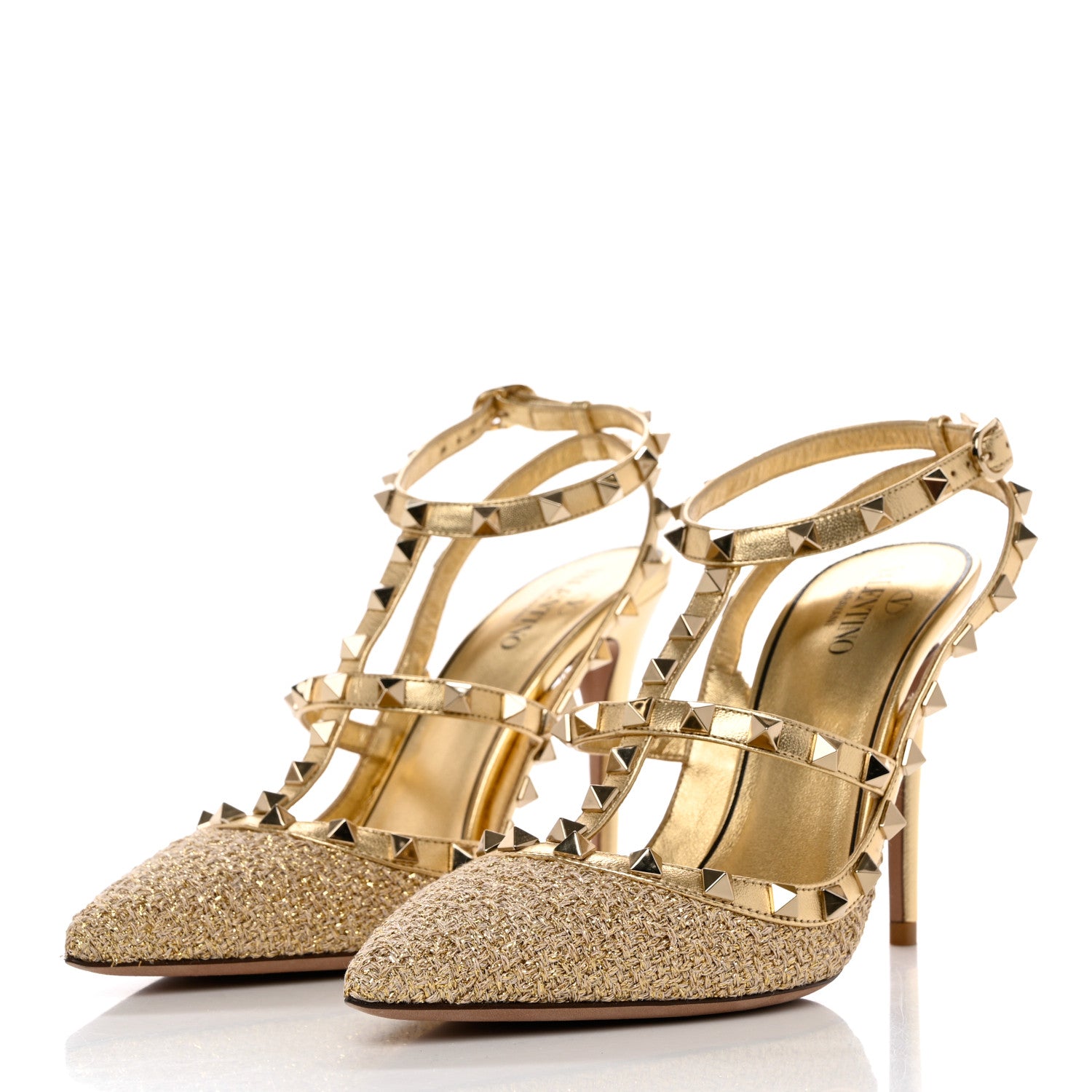 Valentino Garavani Boucle Raffia Metallic Calfskin Rockstud Ankle Strap 100mm Pumps 35 Gold Mekong 4 of 9