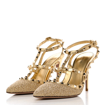 Valentino Garavani Boucle Raffia Metallic Calfskin Rockstud Ankle Strap 100mm Pumps 35 Gold Mekong 4 of 9