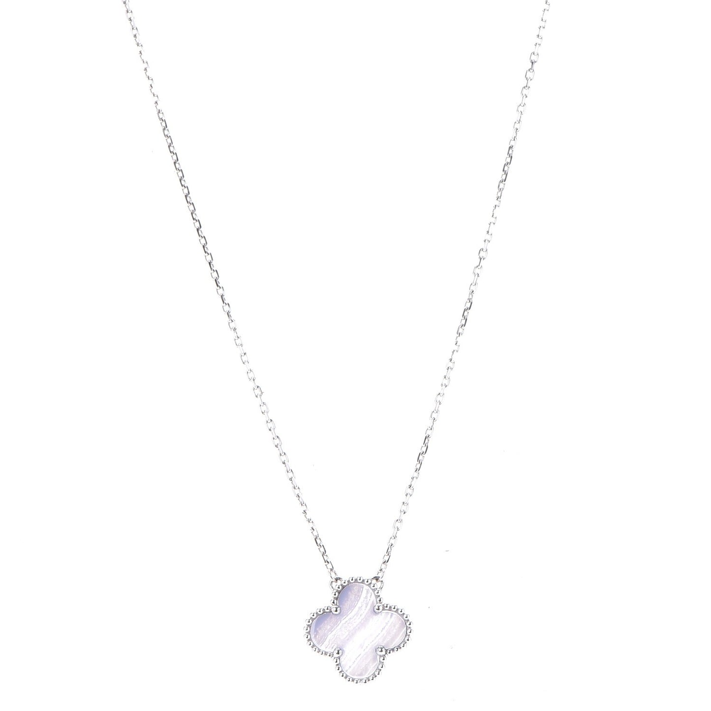 18K White Gold Chalcedony Vintage Alhambra Pendant Necklace