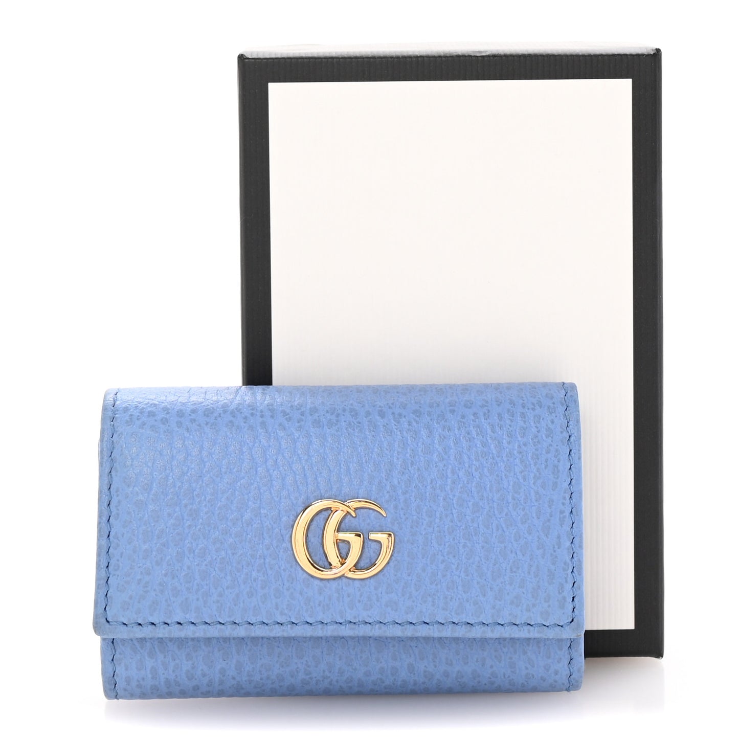 Pebbled Calfskin GG Marmont 6 Key Holder Mineral Blue