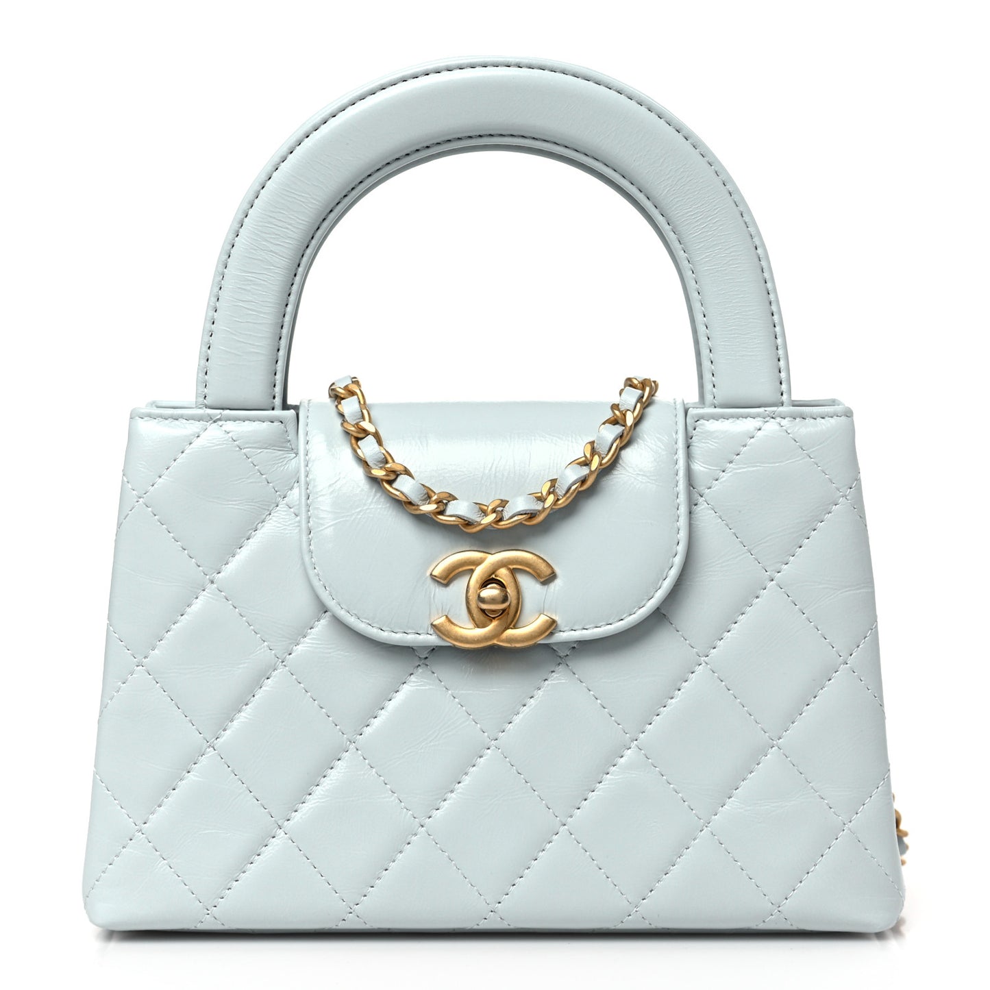 Shiny Aged Calfskin Quilted Nano Kelly Shopper Light Blue