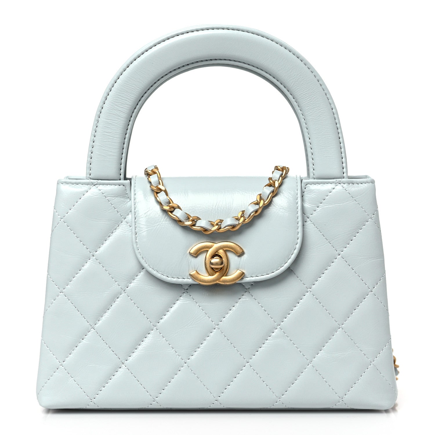 Chanel Shiny Aged Calfskin Quilted Nano Kelly Shopper Light Blue 1 of 10