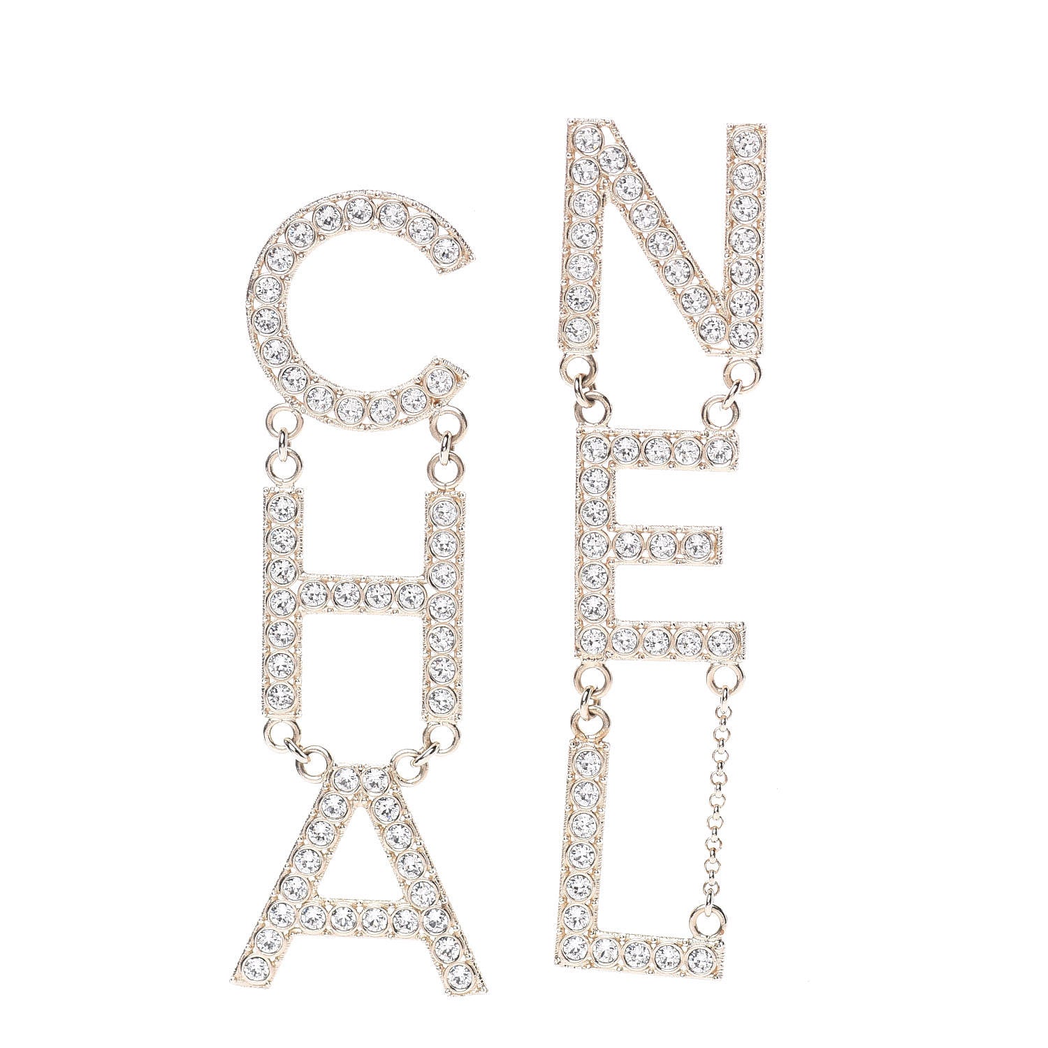 Chanel Crystal Cha-Nel Logo Drop Earrings Gold 1 of 5