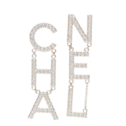 Chanel Crystal Cha-Nel Logo Drop Earrings Gold 1 of 5