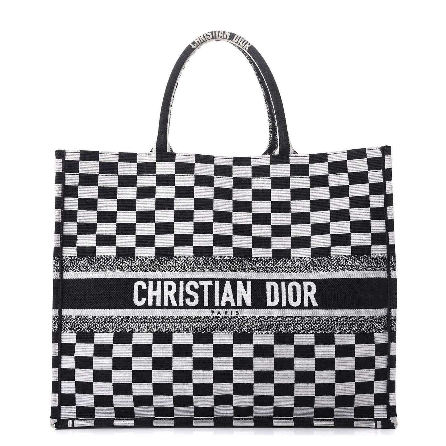 Canvas Embroidered Checkered Book Tote Black White
