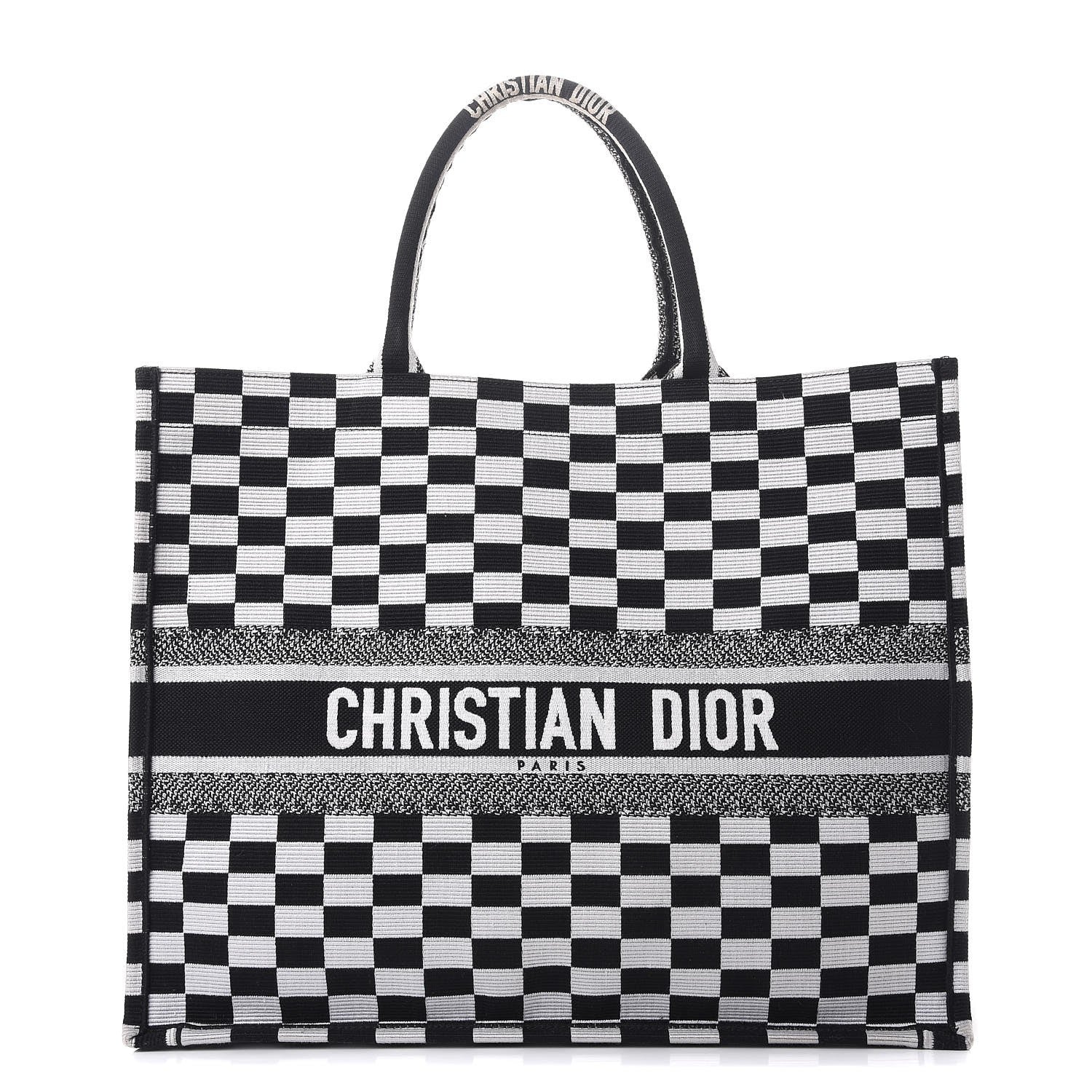 Christian Dior Canvas Embroidered Checkered Book Tote Black White 1 of 9