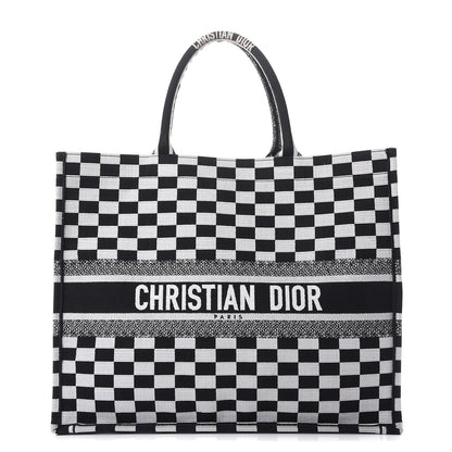 Christian Dior Canvas Embroidered Checkered Book Tote Black White 1 of 9