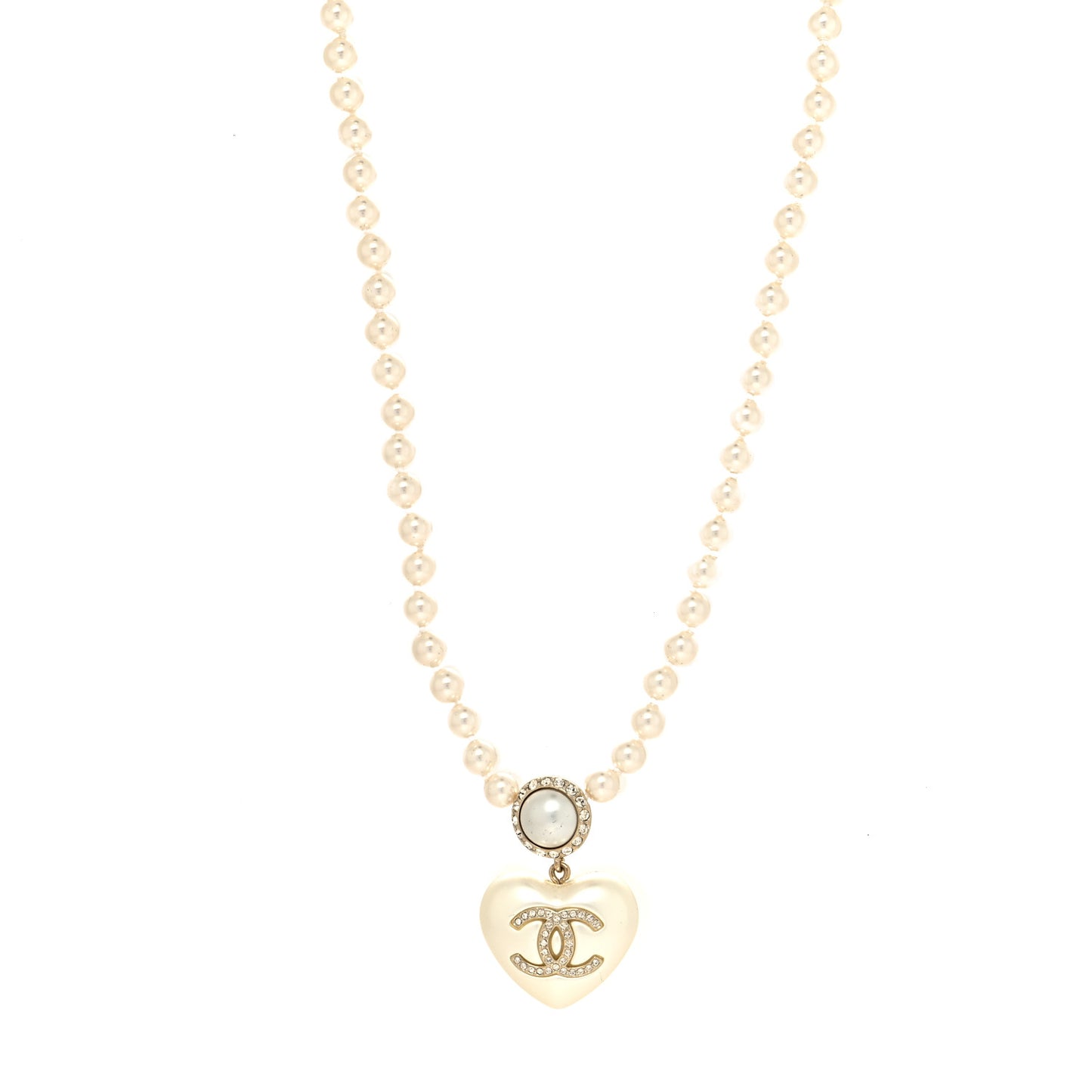 Pearl Crystal CC Heart Short Necklace Pearly White Gold