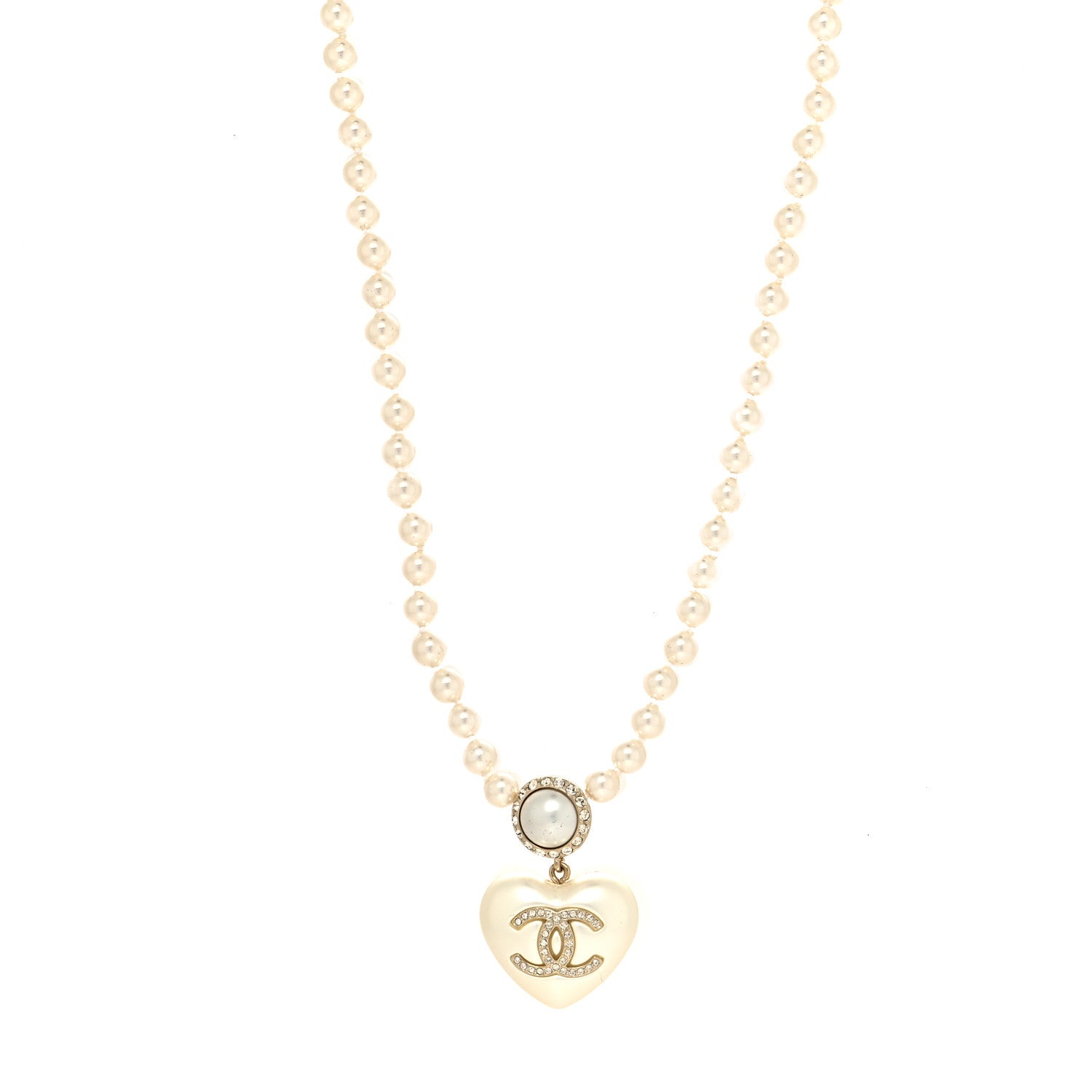 Chanel Pearl Crystal CC Heart Short Necklace Pearly White Gold 1 of 5