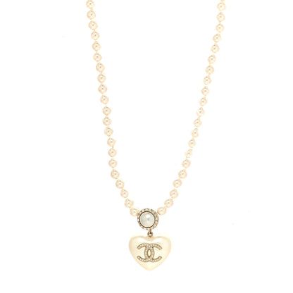 Chanel Pearl Crystal CC Heart Short Necklace Pearly White Gold 1 of 5