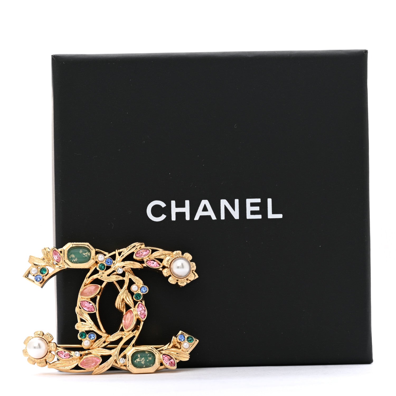 Chanel Crystal Pearl CC Leaf Brooch Gold Multicolor 4 of 4
