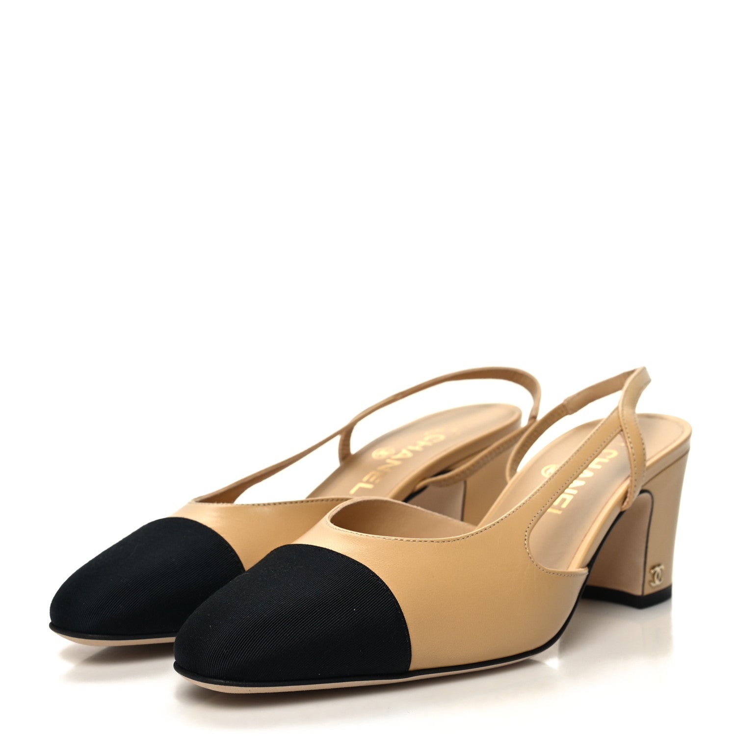 Chanel Goatskin Grosgrain Cap Toe CC Slingback Pumps 39 Beige Black 3 of 9