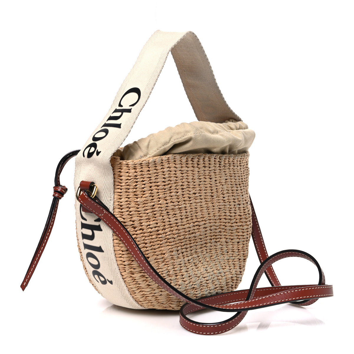 X MIFUKO Raffia Calfskin Small Woody Basket Shoulder Bag Beige Brown