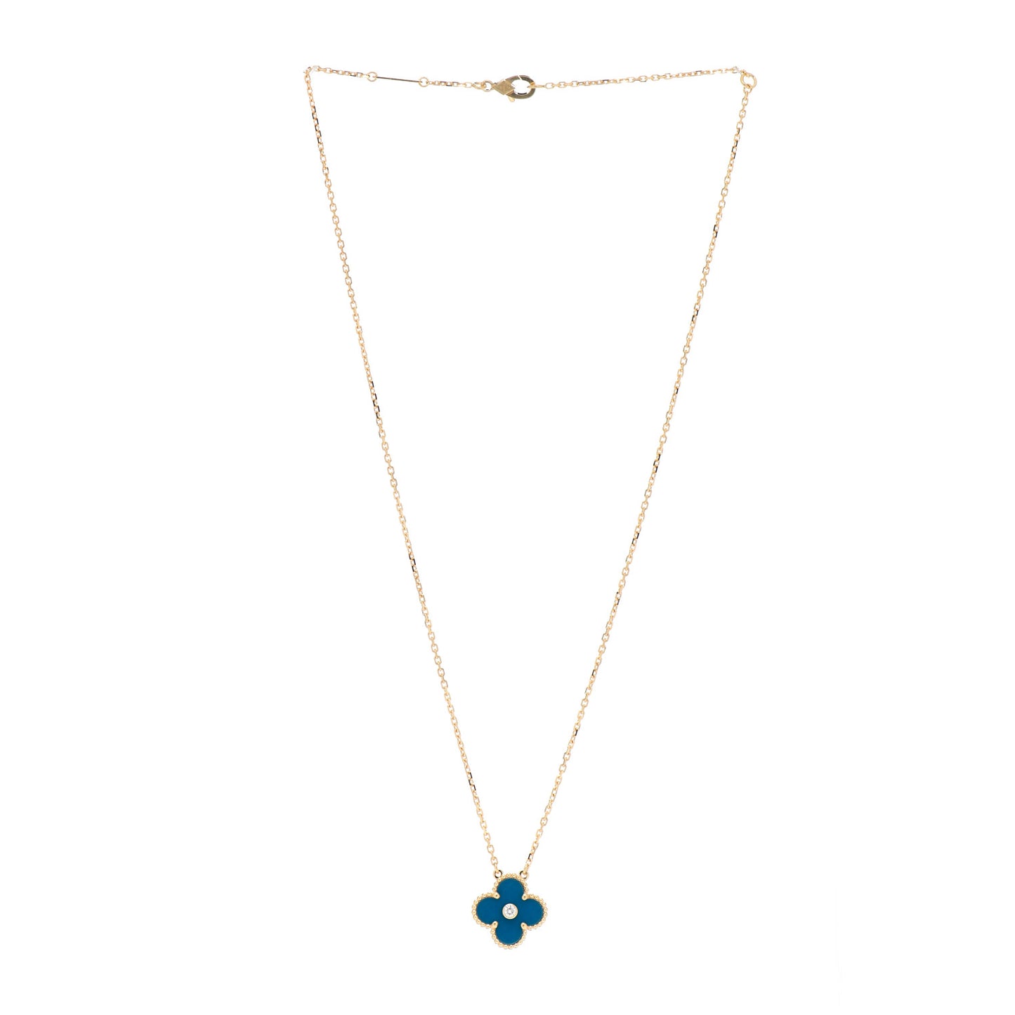 18K Yellow Gold Diamond Celestial Blue Sevres Porcelain Vintage Alhambra Pendant Necklace