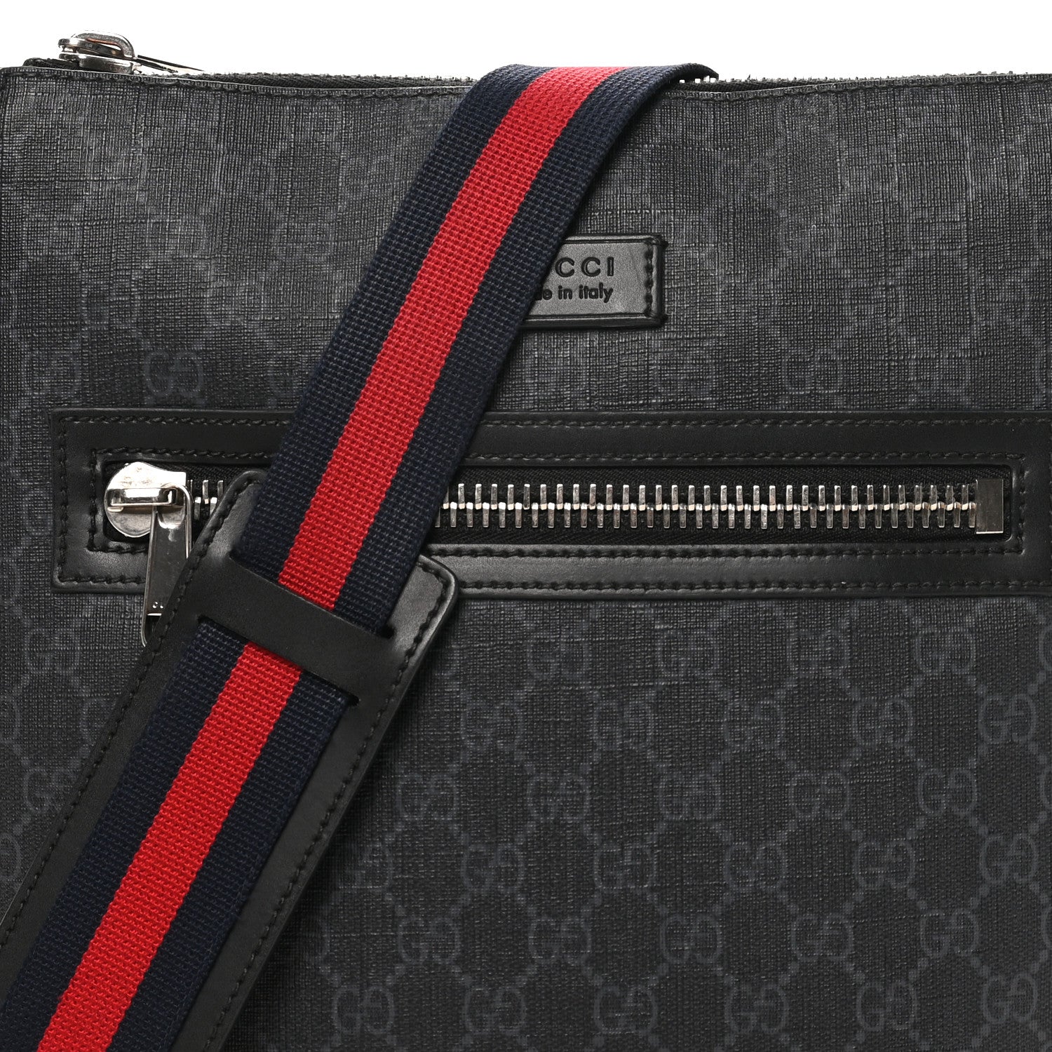 Gucci GG Supreme Monogram Appia Calfskin Web Flat Messenger Bag Black Grey 8 of 12