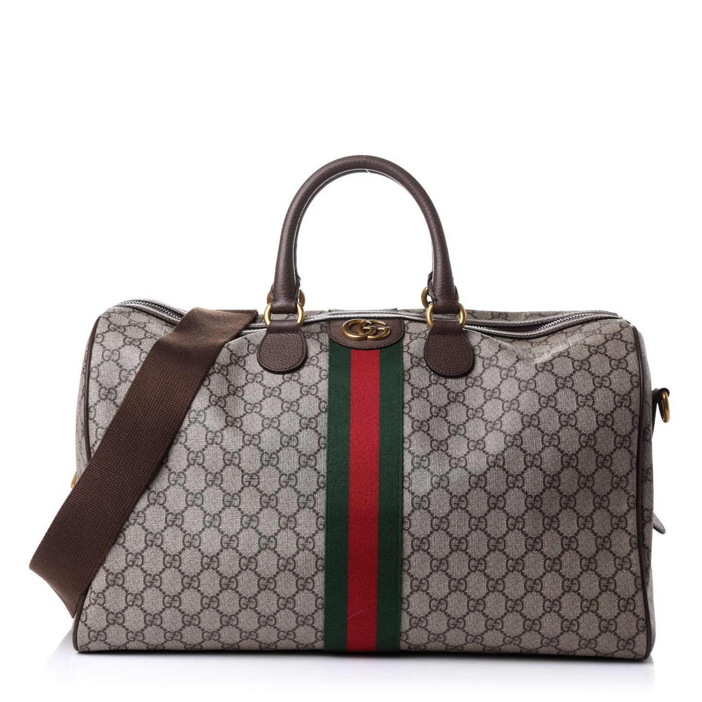 GG Supreme Monogram Textured Dollar Calfskin Web Medium Ophidia Carry-On Duffle Bag Beige Ebony New Acero
