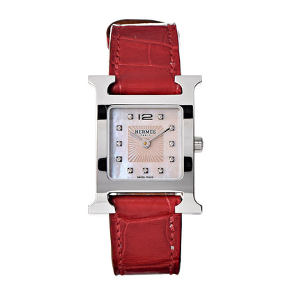 Hermes Stainless Steel Alligator Diamond Mother of Pearl 21mm Heure H Hour Quartz Watch Braise 1 of 10