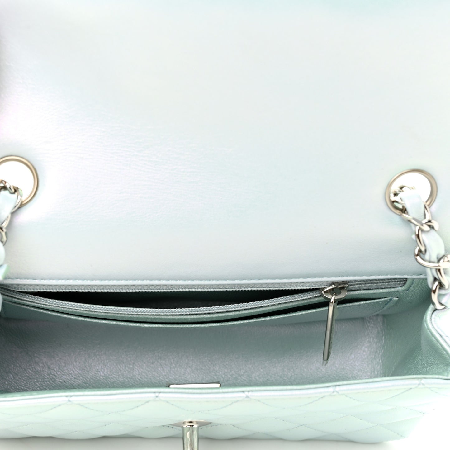 Iridescent Calfskin Quilted Mini Rectangular Flap Light Blue