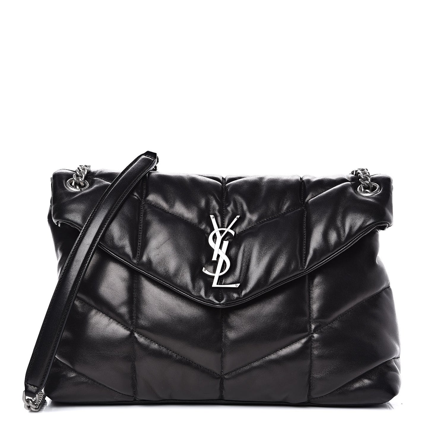 Lambskin Quilted Medium Loulou Puffer Monogram Chain Satchel Black