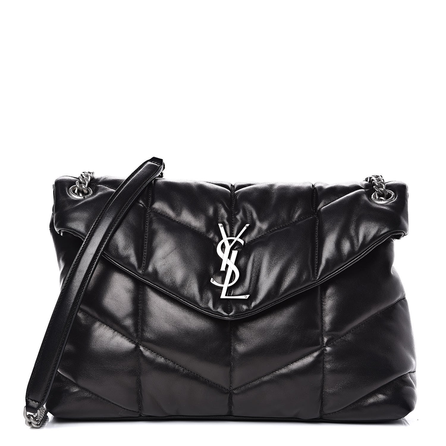 Saint Laurent Lambskin Quilted Medium Loulou Puffer Monogram Chain Satchel Black 1 of 14