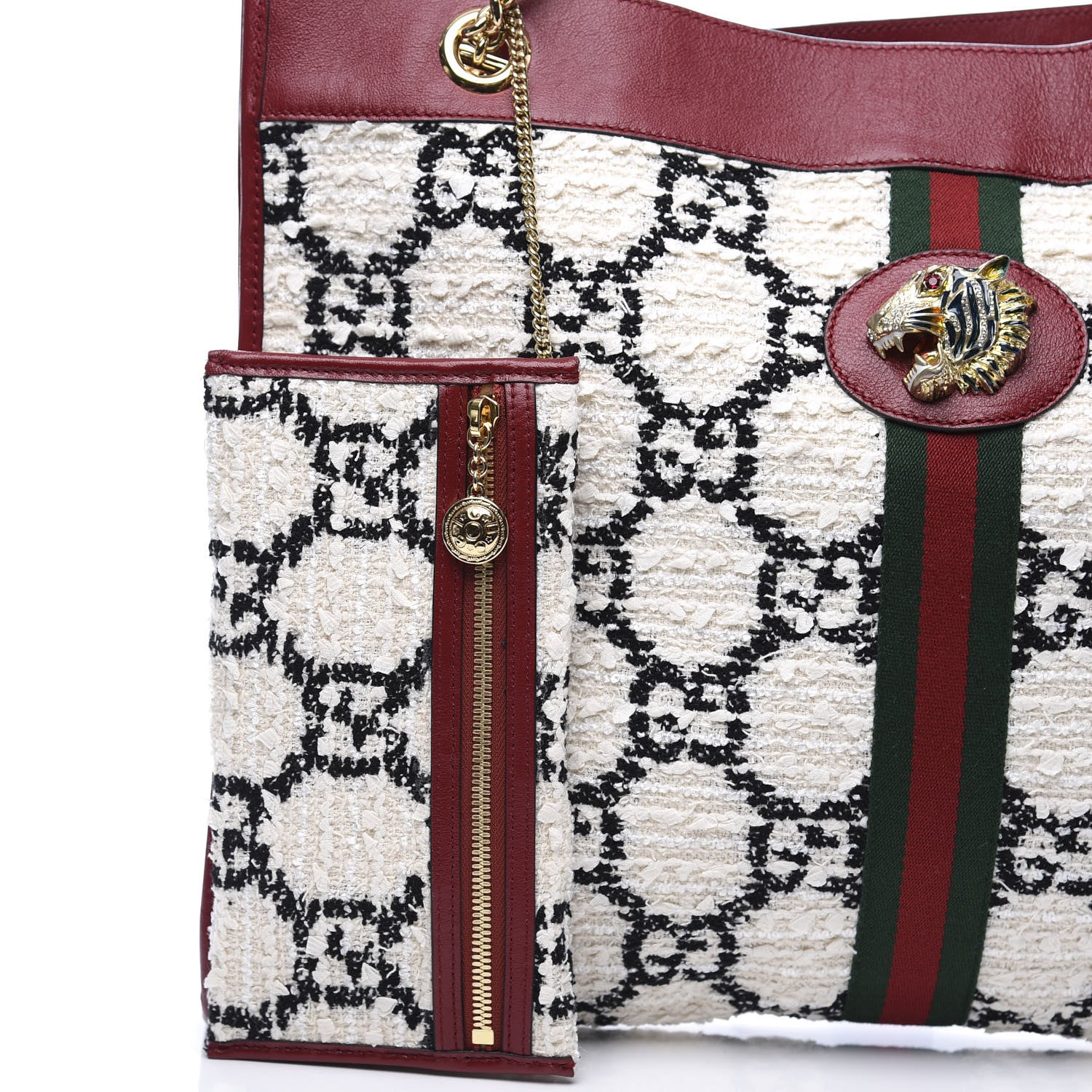 Gucci Tweed GG Monogram Large Rajah Chain Tote White Black Romantic Cherry 10 of 11