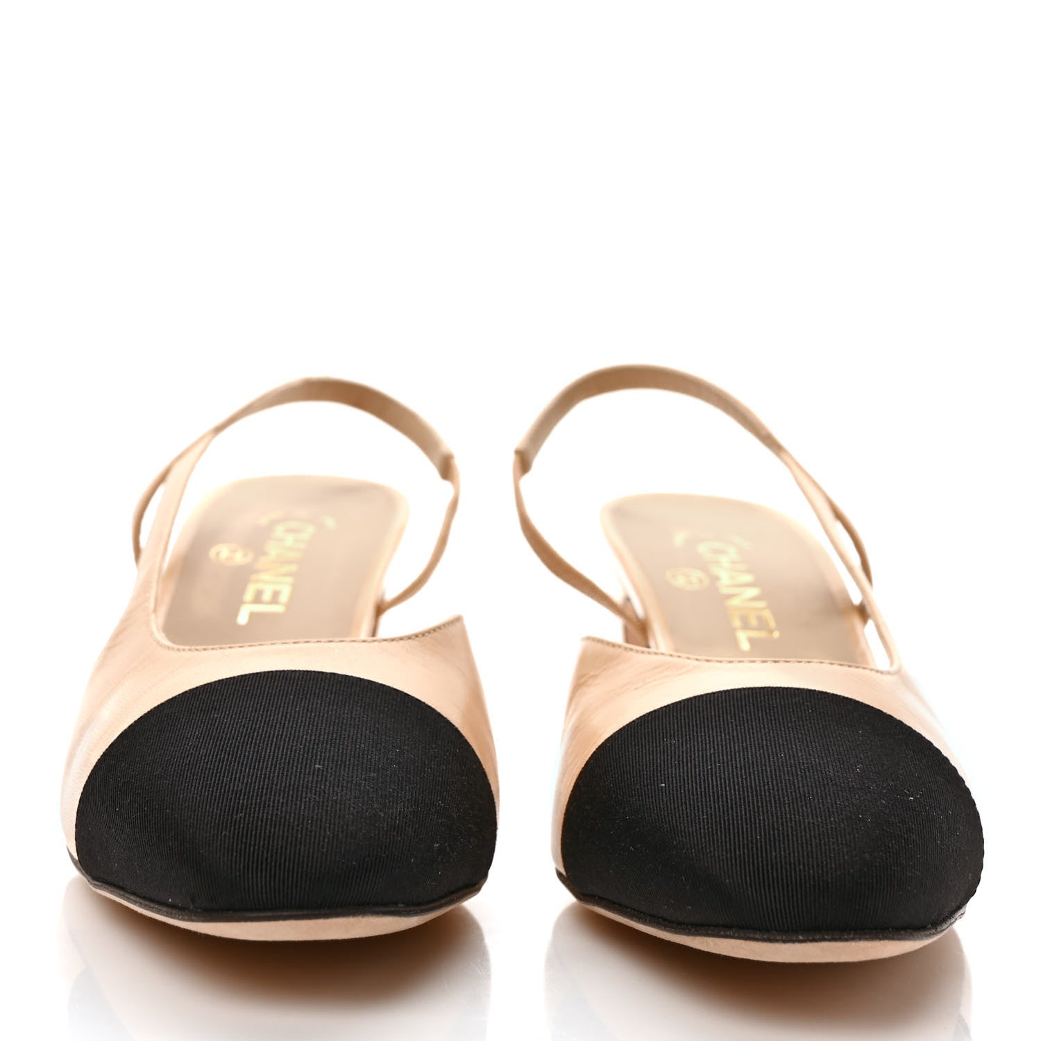 Chanel Goatskin Grosgrain Cap Toe CC Slingback Pumps 40 Beige Black 2 of 9