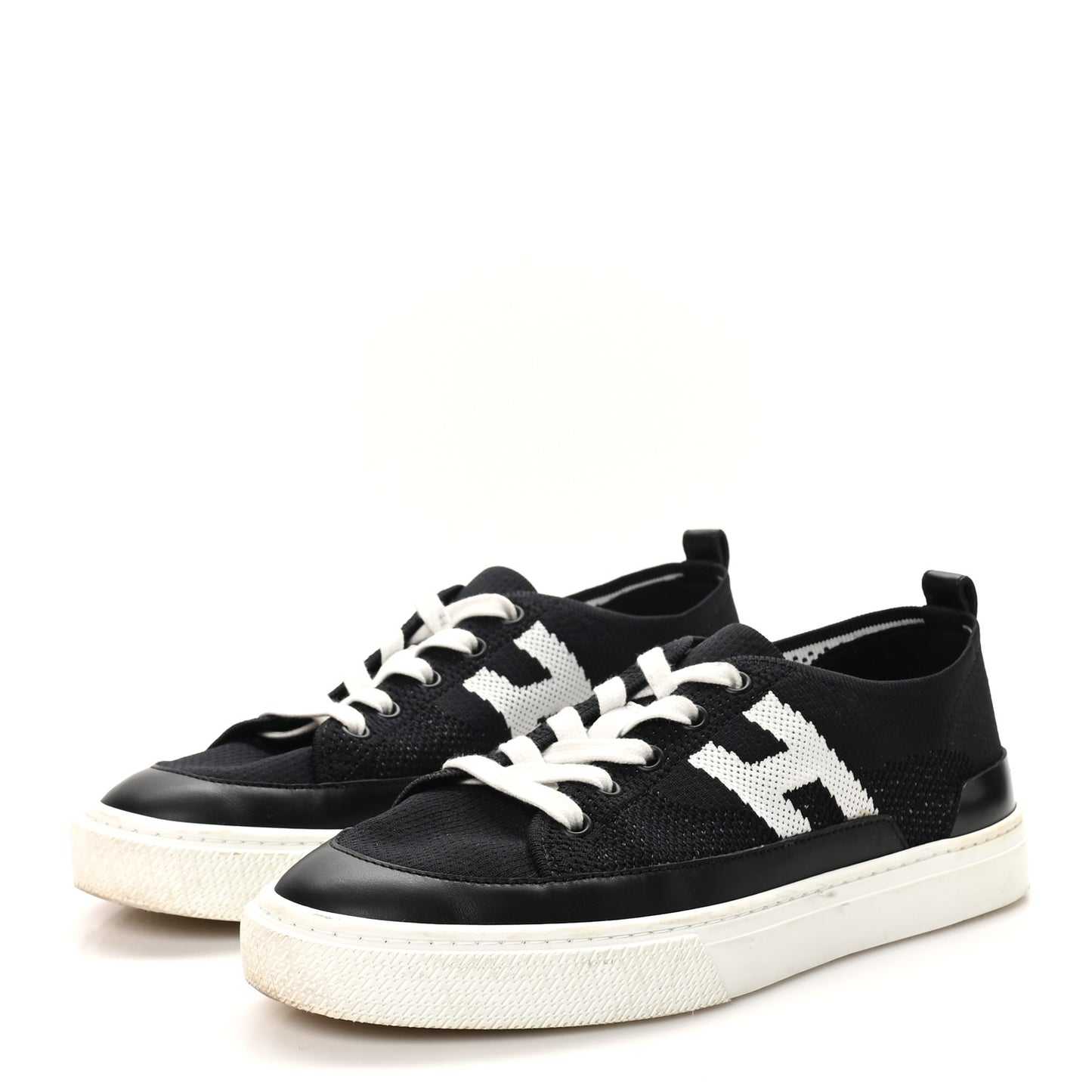Knit Fabric Calfskin Deep Sneakers 38 Black White