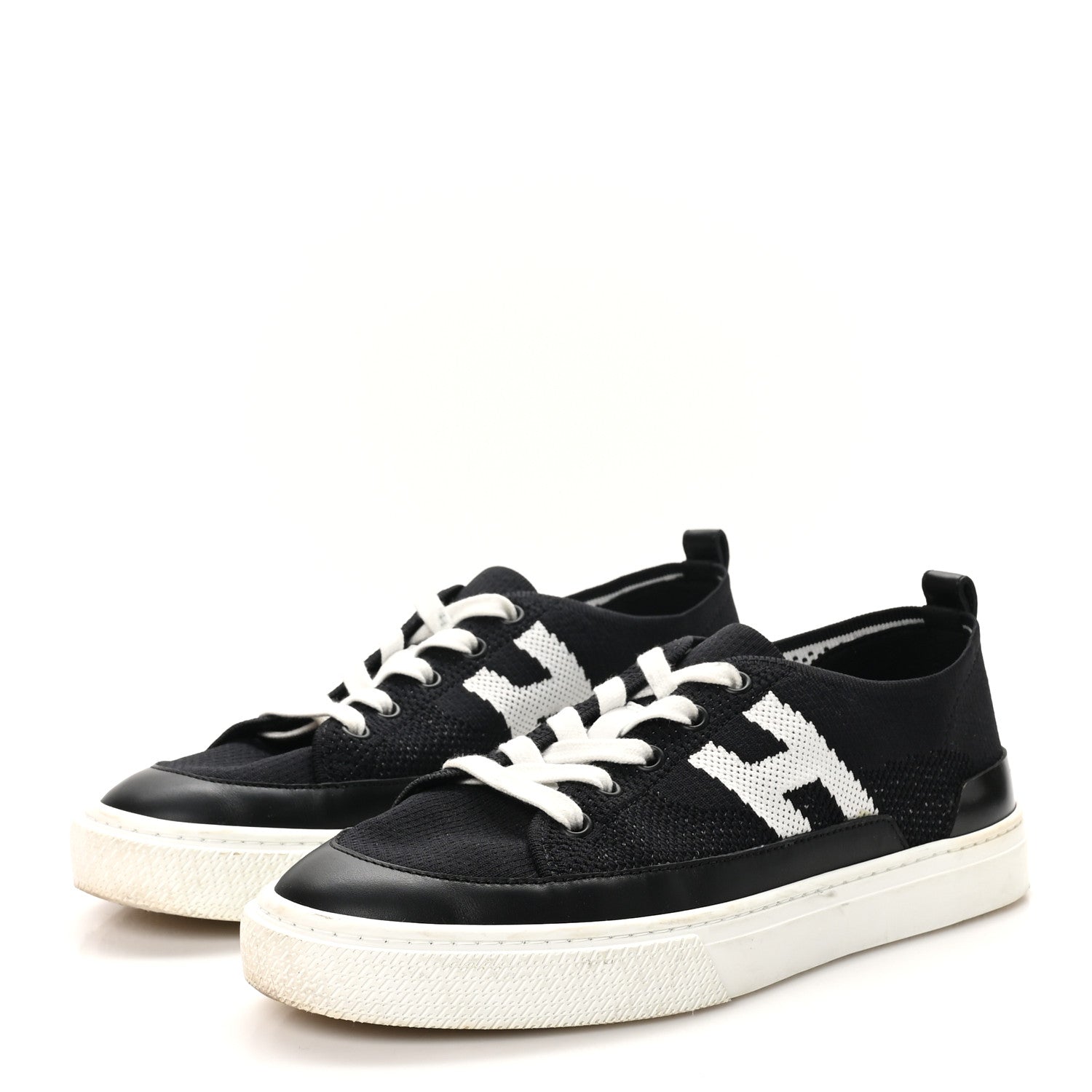 Hermes Knit Fabric Calfskin Deep Sneakers 38 Black White 4 of 10