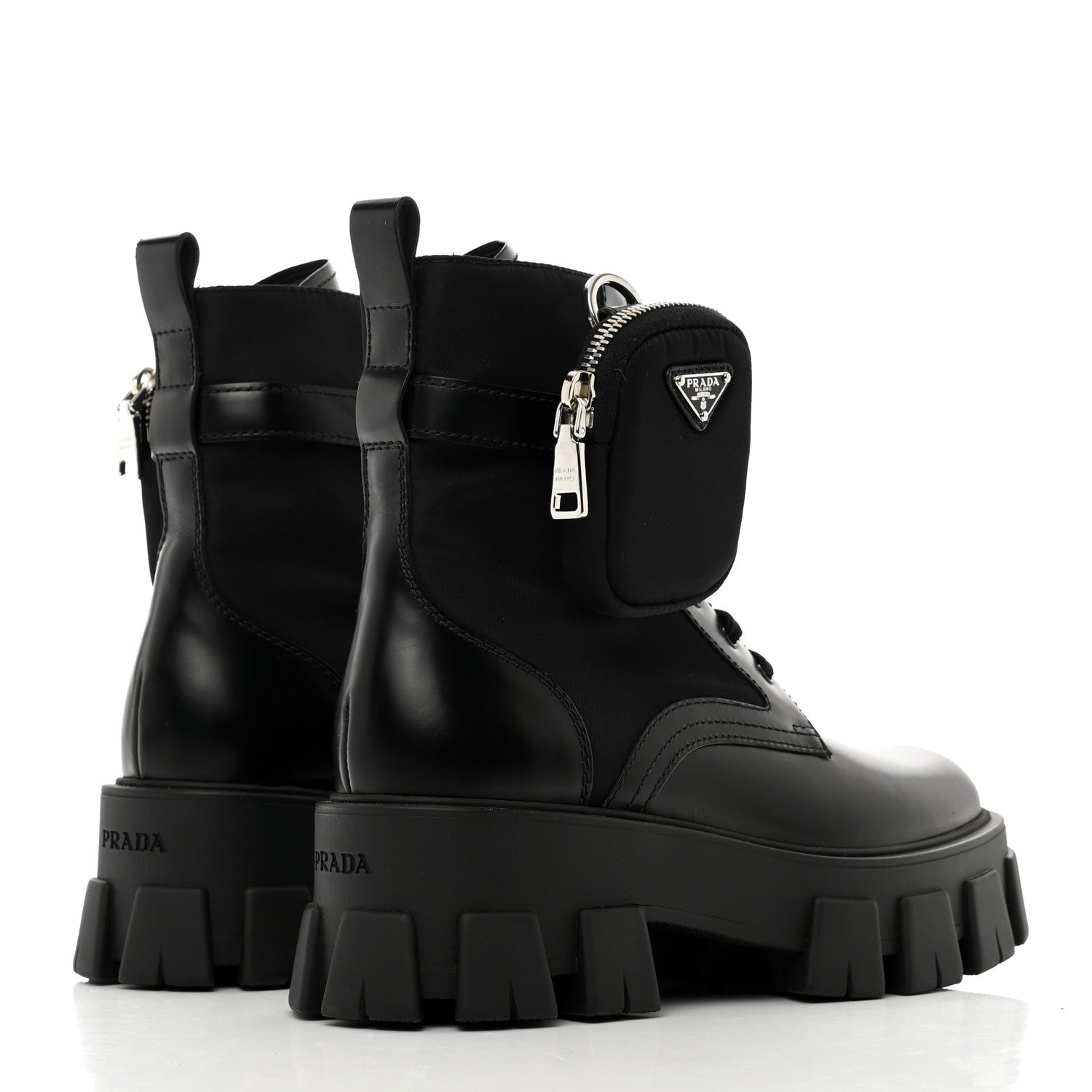 Prada Spazzolato Rois Nylon Metal Triangle Logo Monolith Pouch Pocket 55mm Boots 37.5 Black 4 of 9