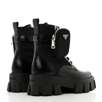 Prada Spazzolato Rois Nylon Metal Triangle Logo Monolith Pouch Pocket 55mm Boots 37.5 Black 4 of 9