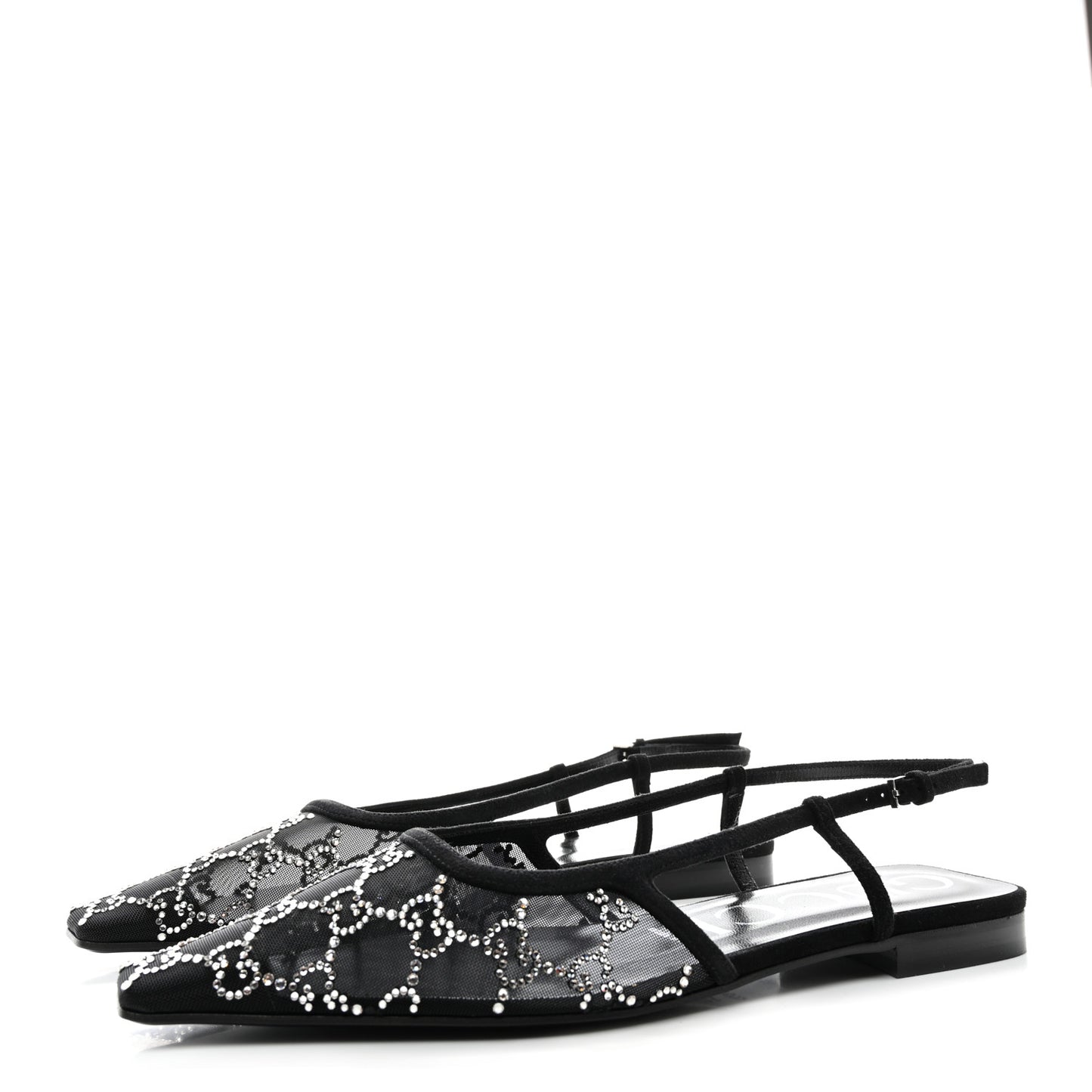 Tela Retino Kid Scamosciato Crystal GG Monogram Square Demi Ballet Flats 39.5 Black