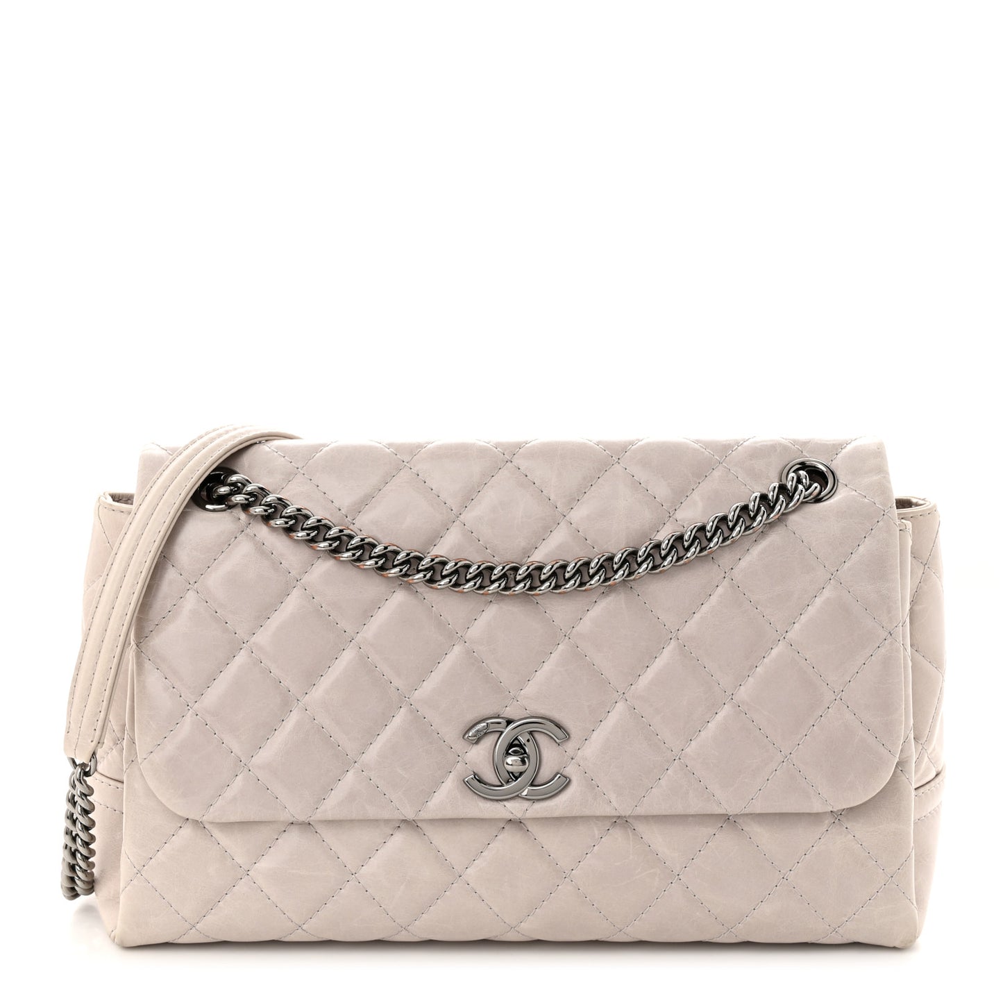Glazed Calfskin Quilted Medium Lady Pearly Flap Light Beige