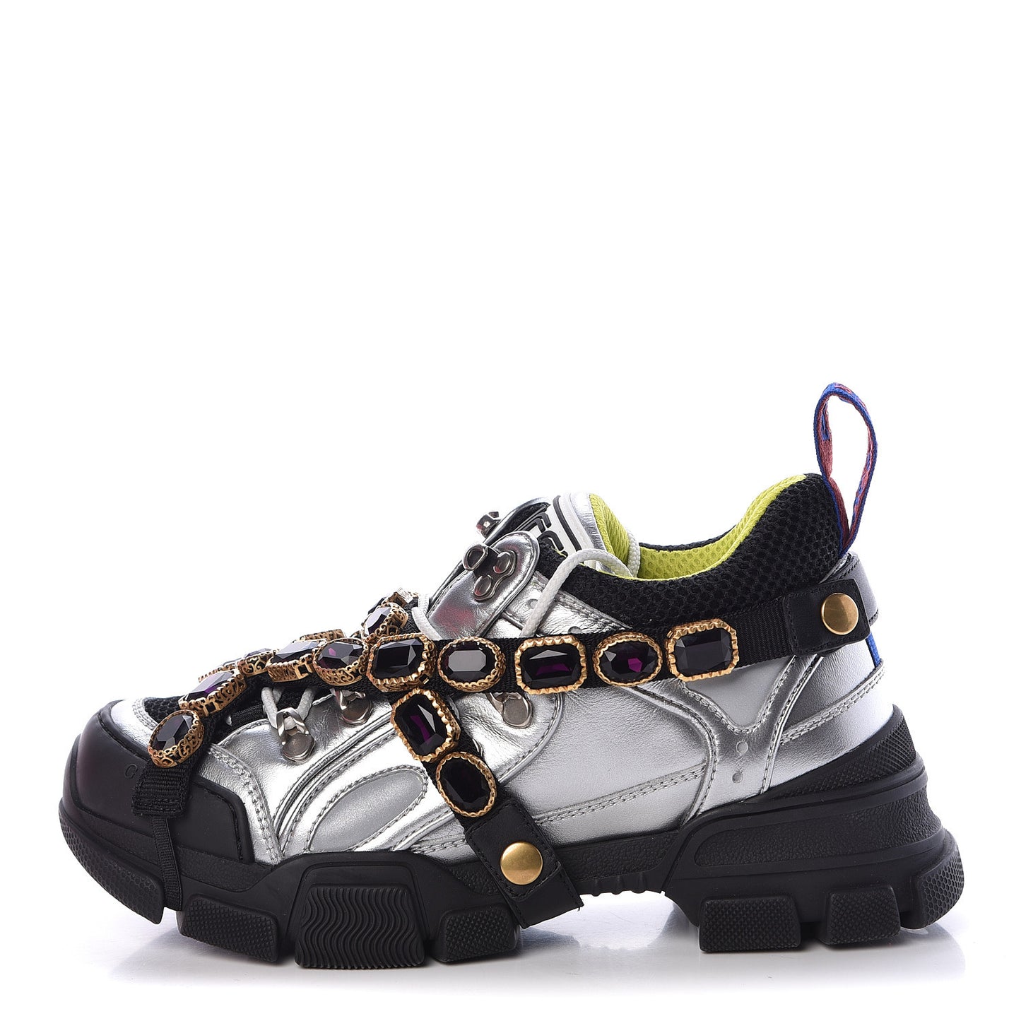 X SEGA Metallic Calfskin Mesh Removable Crystals Womens Flashtrek Sneakers 37.5 Silver Black