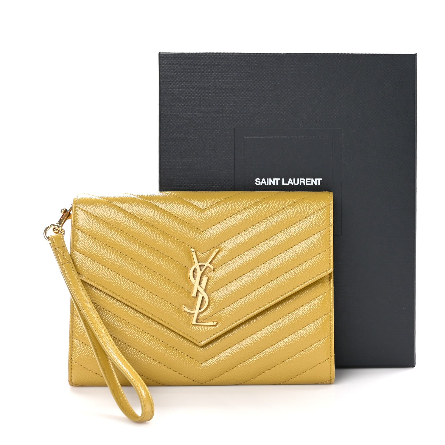 Grain De Poudre Matelasse Chevron Monogram Envelope Clutch Mustard