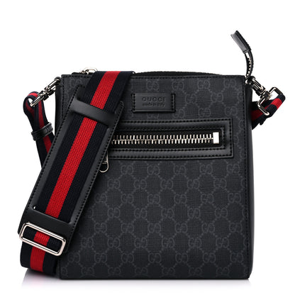 Gucci GG Supreme Monogram Web Small Flat Messenger Bag Black Grey 1 of 10
