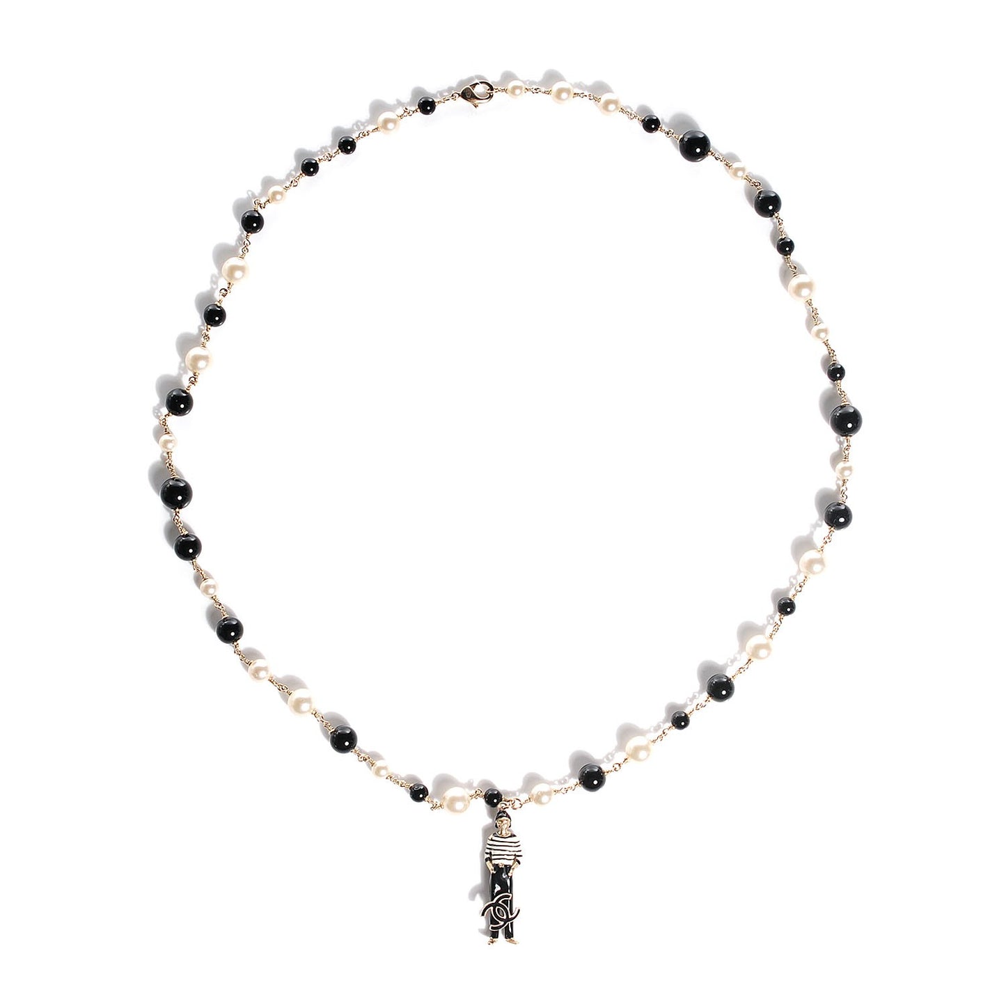 Pearl Coco Charm Pendant Necklace Black Gold