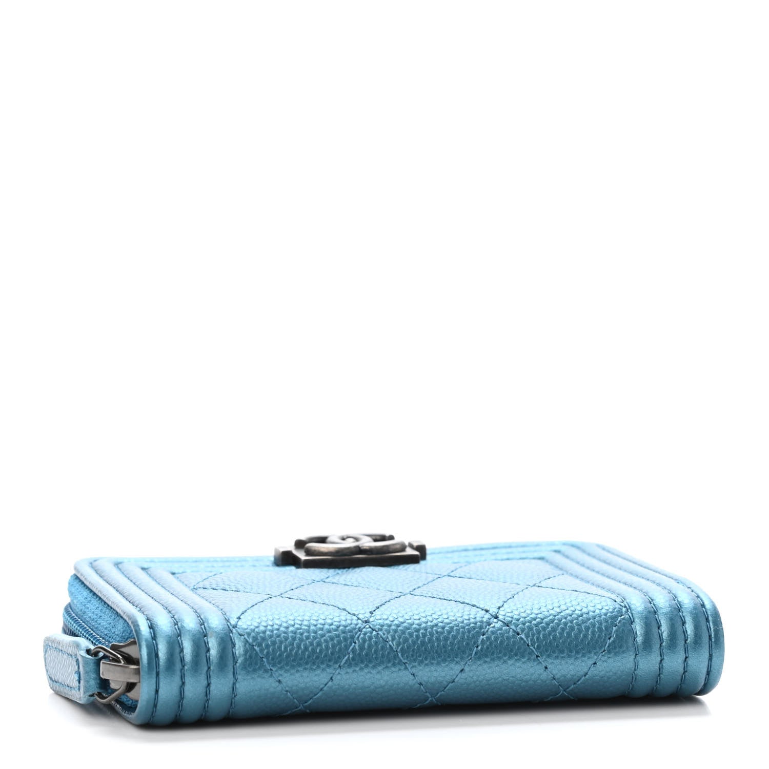 Chanel Metallic Caviar Quilted Boy Zip Around Coin Purse Wallet Turquoise 3 of 4