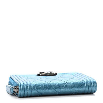 Chanel Metallic Caviar Quilted Boy Zip Around Coin Purse Wallet Turquoise 3 of 4