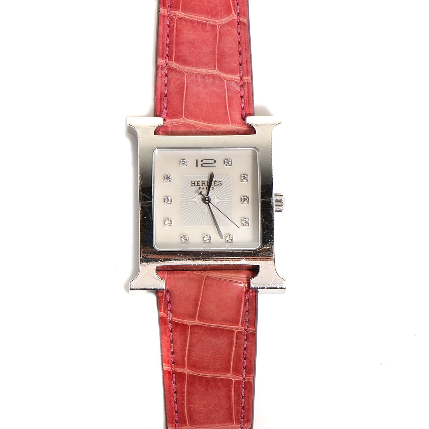Stainless Steel Alligator Diamond 30.5mm H Heure Hour Quartz Watch Framboise