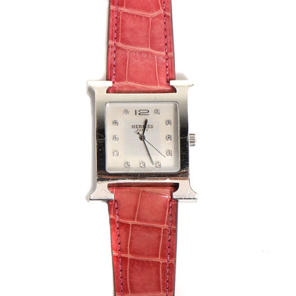 Hermes Stainless Steel Alligator Diamond 30.5mm H Heure Hour Quartz Watch Framboise 1 of 8