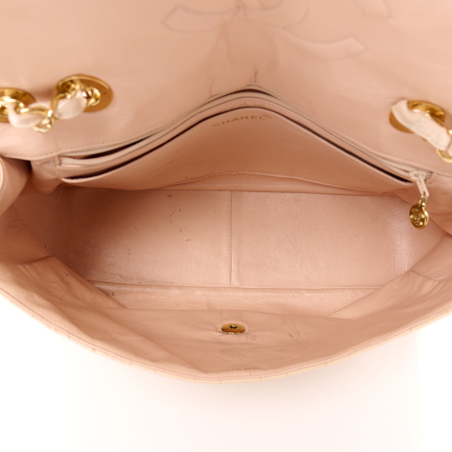 Patent Quilted Jumbo XL Chain Around Flap Beige