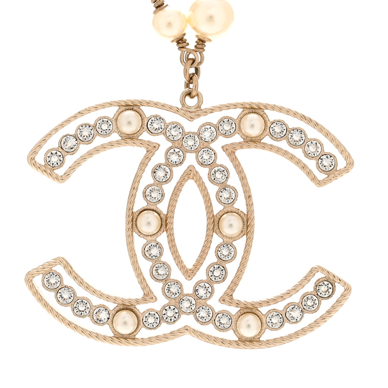 Chanel Pearl Crystal Chain CC Necklace Gold White 4 of 7