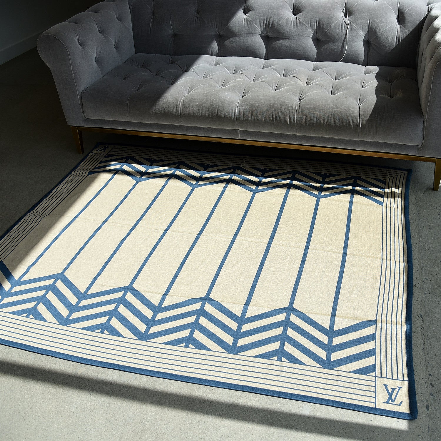 Louis Vuitton Wool Silk Plaid Jeevana Rug Petrole Blue Blue Beige 2 of 3