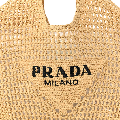 Prada Yarn Raffia Effect Crochet Logo Embroidered Shopping Tote Bag Naturale 8 of 10