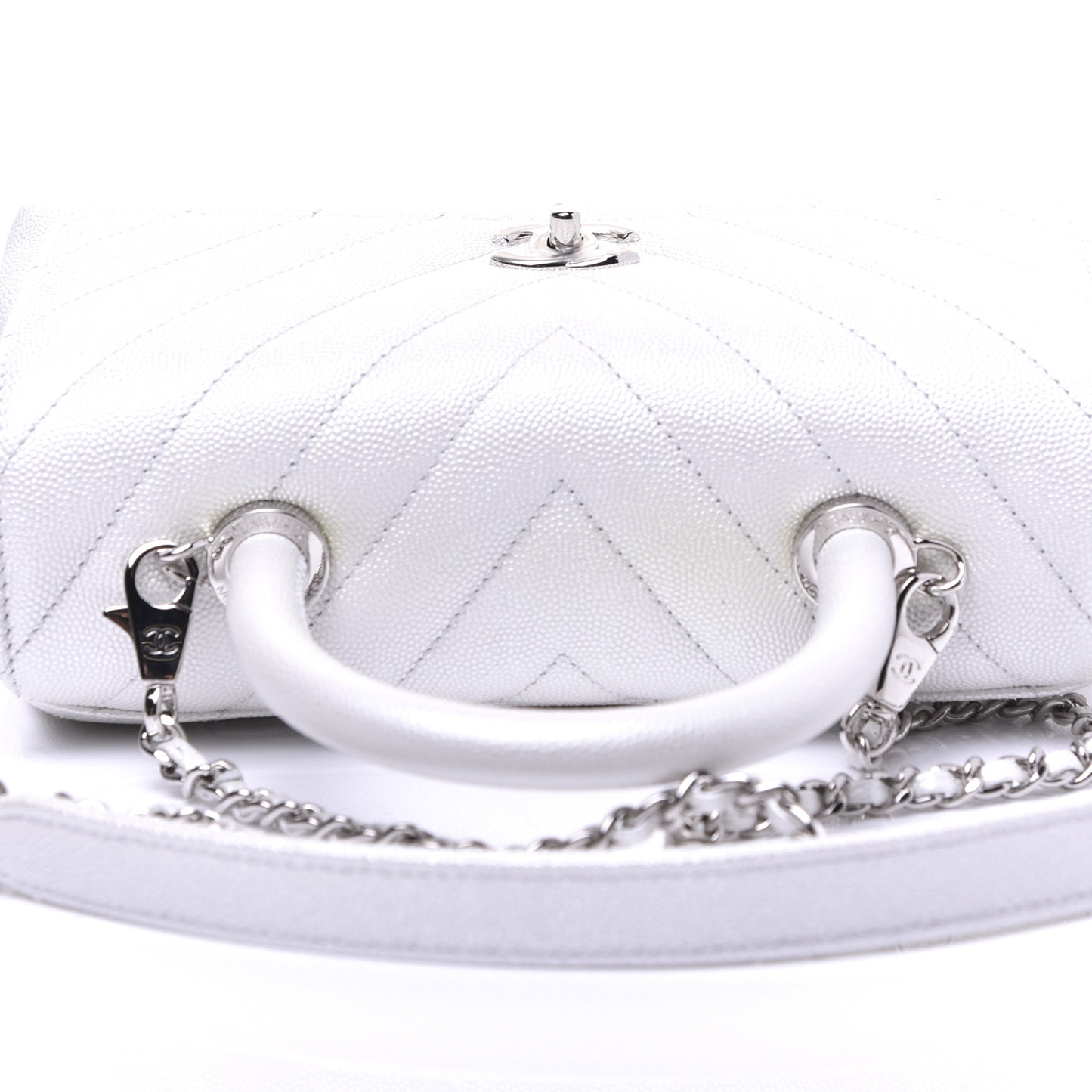 Iridescent Caviar Chevron Quilted Mini Coco Handle Flap White