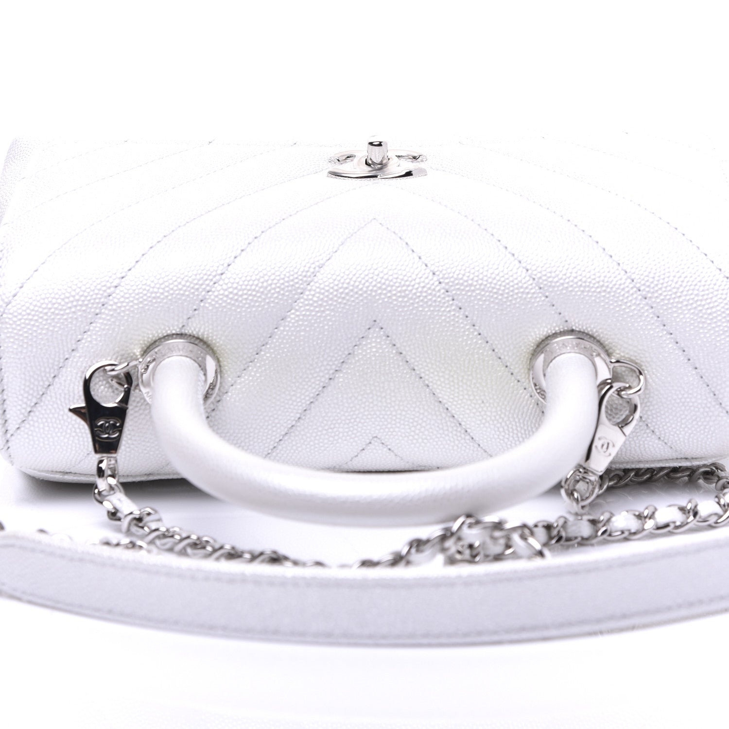 Chanel Iridescent Caviar Chevron Quilted Mini Coco Handle Flap White 22 of 27