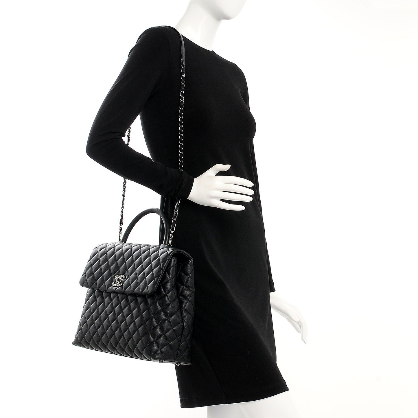 Caviar Quilted Large Coco Handle Flap Black